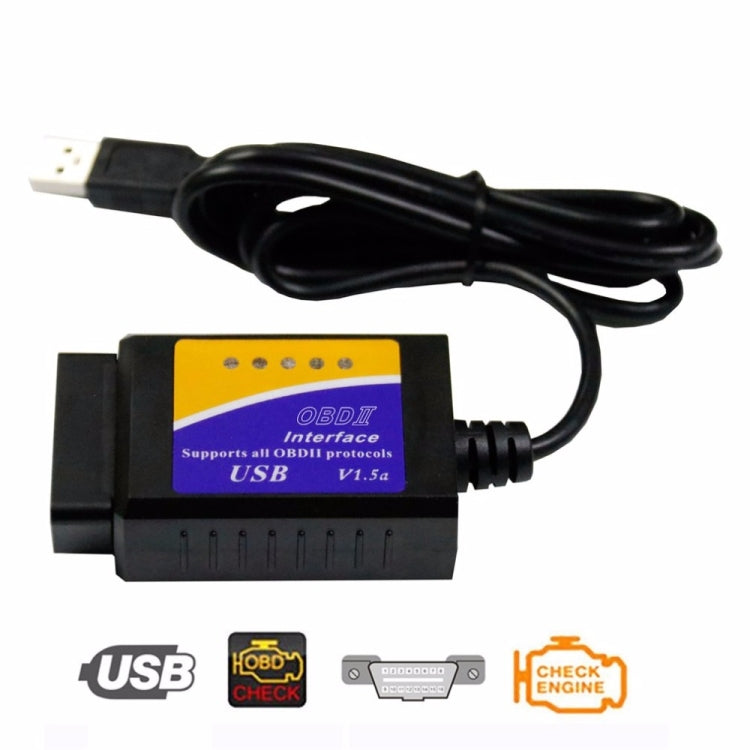 OBDII USB interface scanner with USB plug cable and multi-protocol label, black