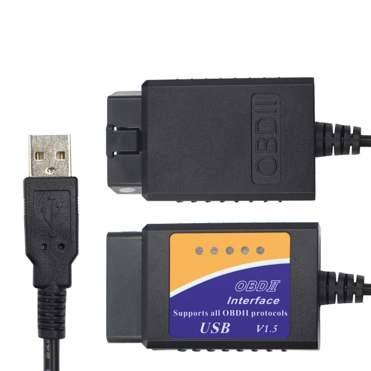 OBDII USB diagnostic adapter with OBDII connector and USB plug, black with orange screen