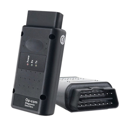 OBD diagnostic interface tool with LED indicators and plug, black handheld design