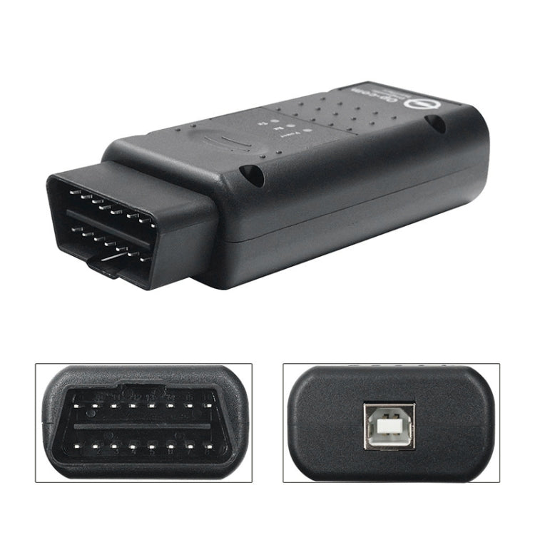 Car diagnostic interface connector end and ports view, black housing