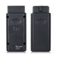 Black OBD diagnostic interface tool, front and back views with indicator panel