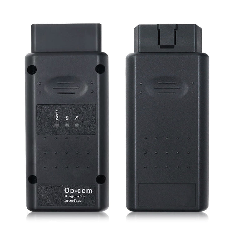 Black OBD diagnostic interface tool, front and back views with indicator panel
