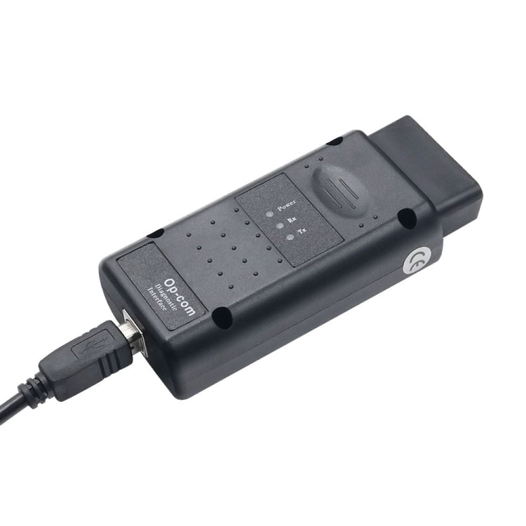 Black OBD diagnostic interface tool with side connector and indicator panel