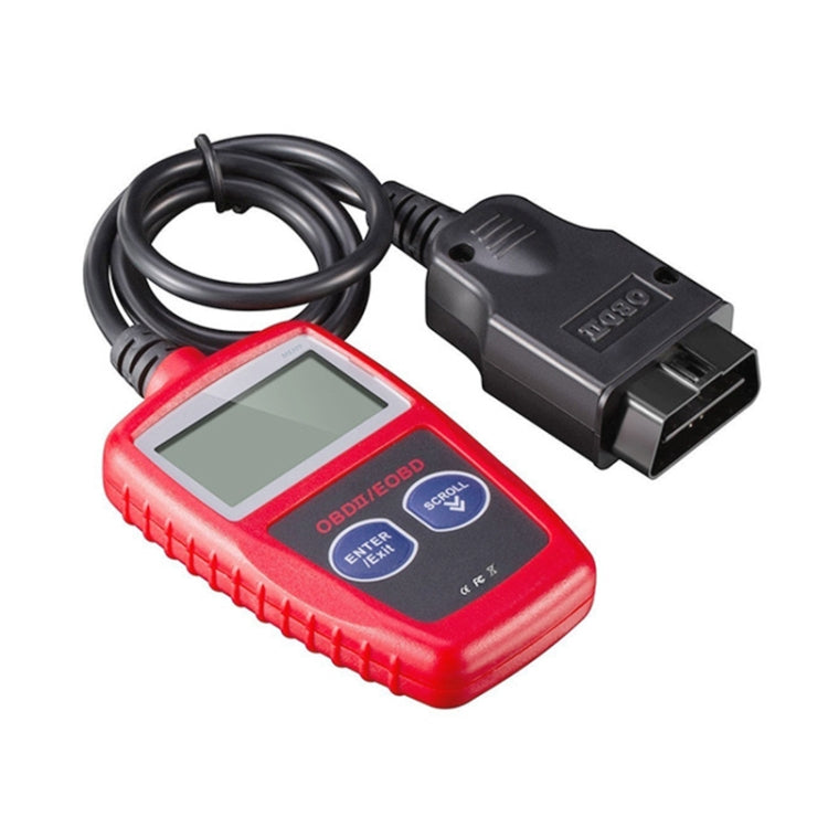 Red OBDII/EOBD code reader with OBD connector plug and coiled cable
