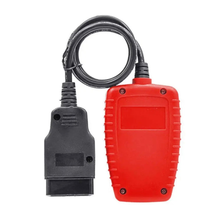 Red OBDII/EOBD code reader with OBD connector and black cable, rear view