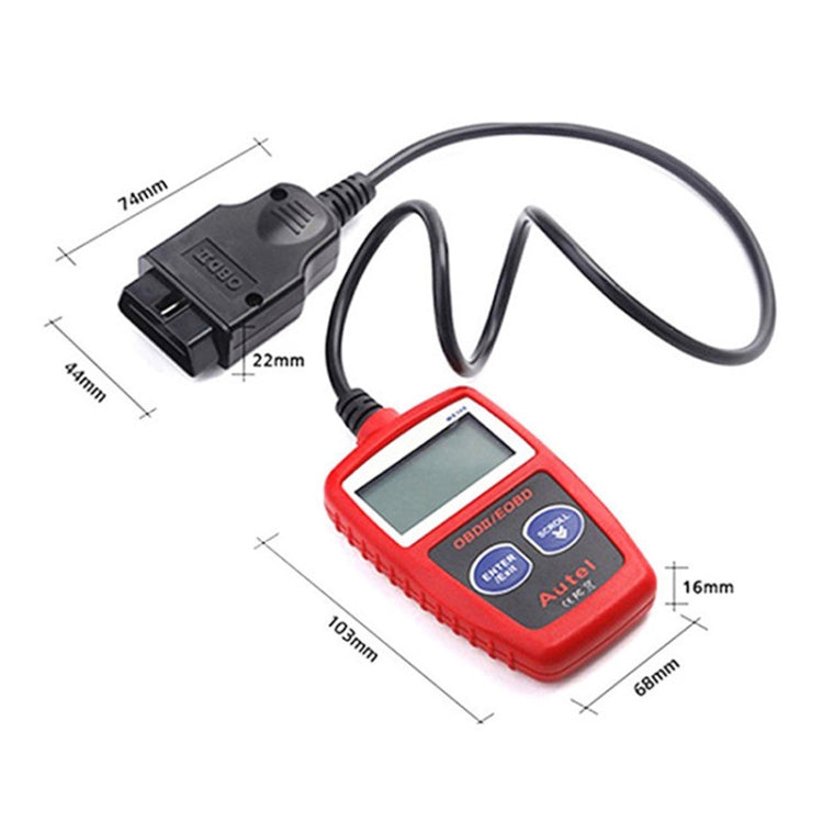 Red OBDII/EOBD code reader with OBD connector plug and cable, size diagram