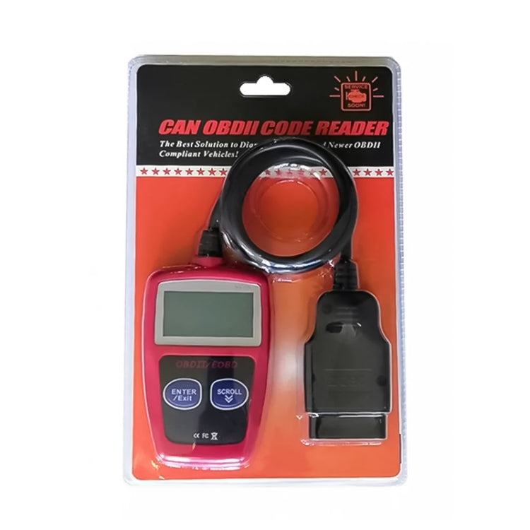 Packaged red OBDII/EOBD code reader with OBD connector cable in blister