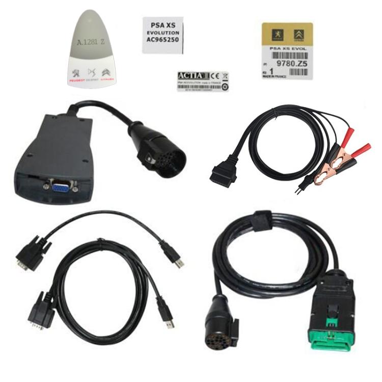 OBDII diagnostic scanner kit components: black interface base, cables, adapters, labels