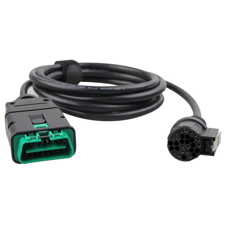 OBDII diagnostic cable with green connector module and round multi-pin plug