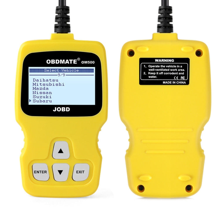 Yellow OBDII code reader with LCD screen showing vehicle select menu