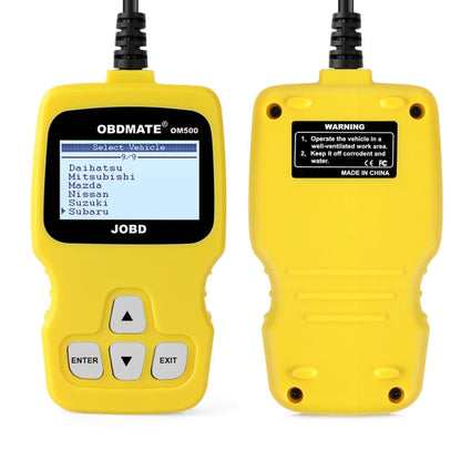 Yellow OBDII code reader with LCD screen showing vehicle select menu