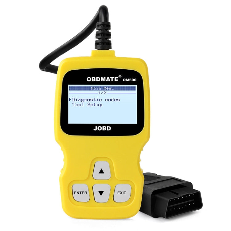 Yellow OBDII code reader with cable and black OBD connector, JOBD screen