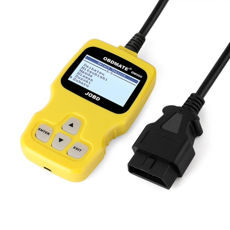 Yellow handheld OBDII code reader with cables and black OBD plug, diagnostic screen