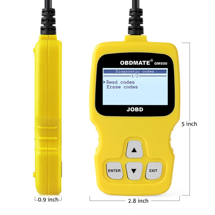 Yellow handheld OBDII code reader with LCD display, control buttons, two cables