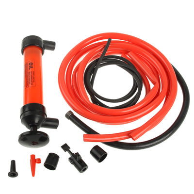 Siphon pump kit parts set with red pump, hoses, and multiple nozzles