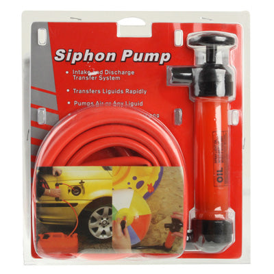 Packaged siphon pump kit with red pump and coiled hose for oil or liquid transfer