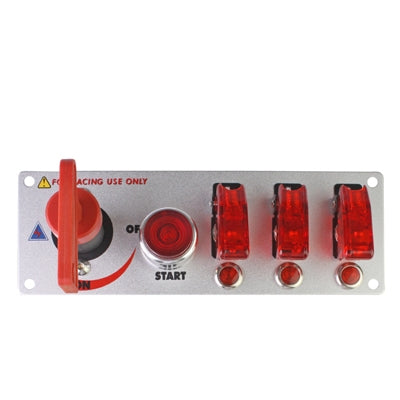 Racing ignition switch panel with red flip start switch and three red LED indicator lights