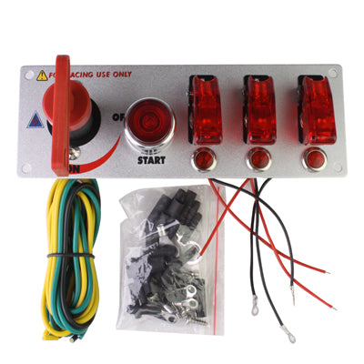 Ignition switch panel kit with red lights, wire harness, and small hardware accessories
