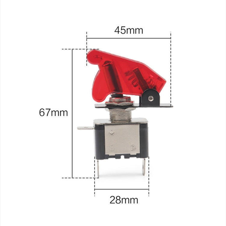 Red flip-cover switch with mounting pins, size dimensions shown