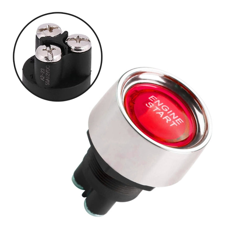 Red engine start push button switch with metal terminals and red backlit insert