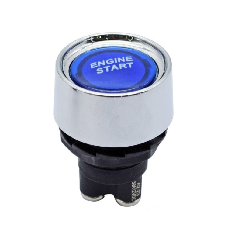 Engine start push button switch with blue backlit center and chrome ring