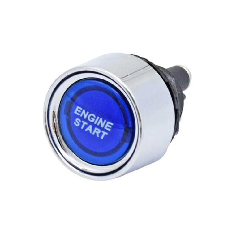 Engine start push button switch with blue backlit insert on metal housing
