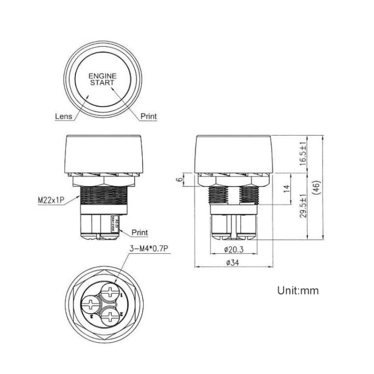 Engine start push button switch size diagram with mounting thread dimensions