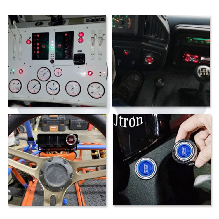 Engine start push button switch installed on dashboard with blue backlit button