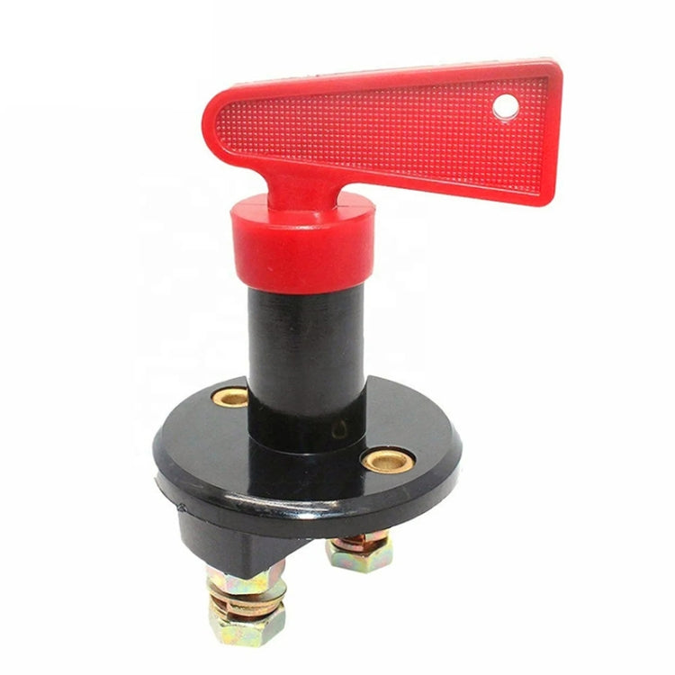 Car battery master switch with red lever, black base, and two exposed terminals