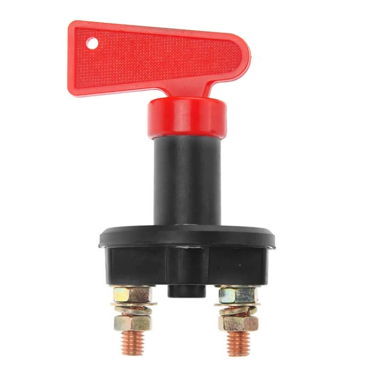 Car battery master switch with red translucent indicator, black base, and two screws