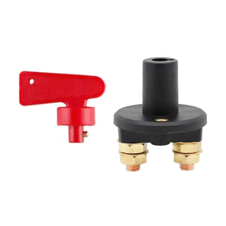 Car battery master switch with red handle, black post, and dual threaded terminals
