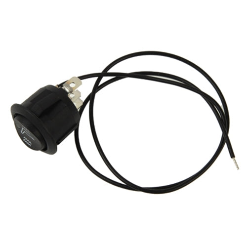 Black heating rocker switch with attached black wire leads and terminals
