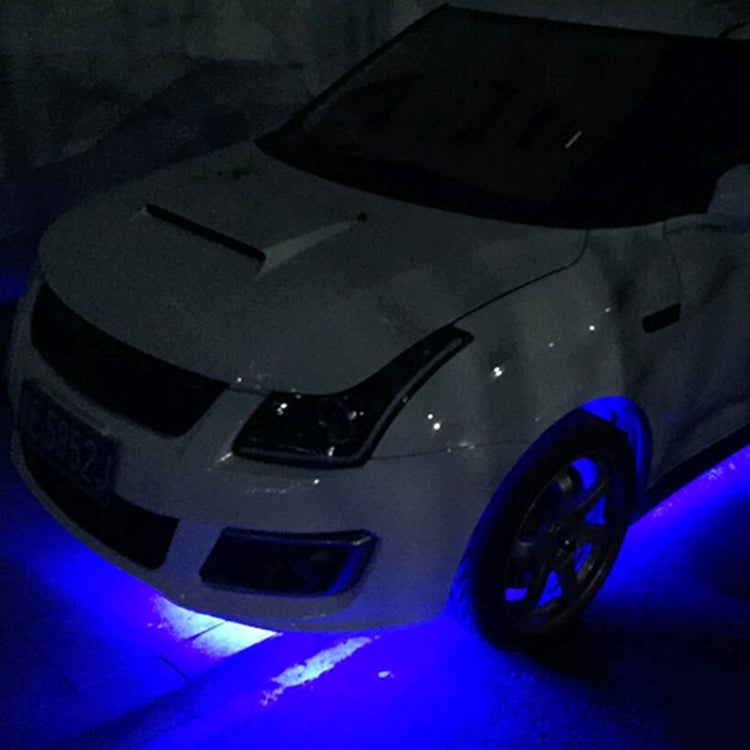 Waterproof flexible LED strip light, blue glow, installed cable visible