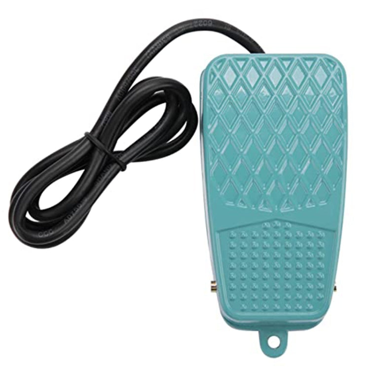 Anti-slip foot pedal switch with black cable, turquoise metal case, ridged tread surface