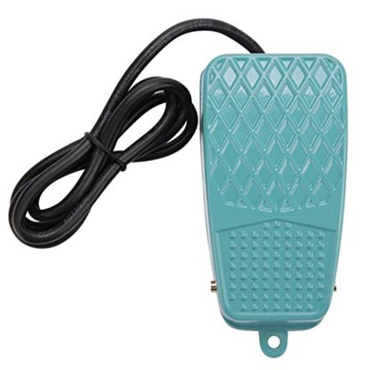 Anti-slip foot pedal switch with black cable, turquoise metal case, ridged tread surface