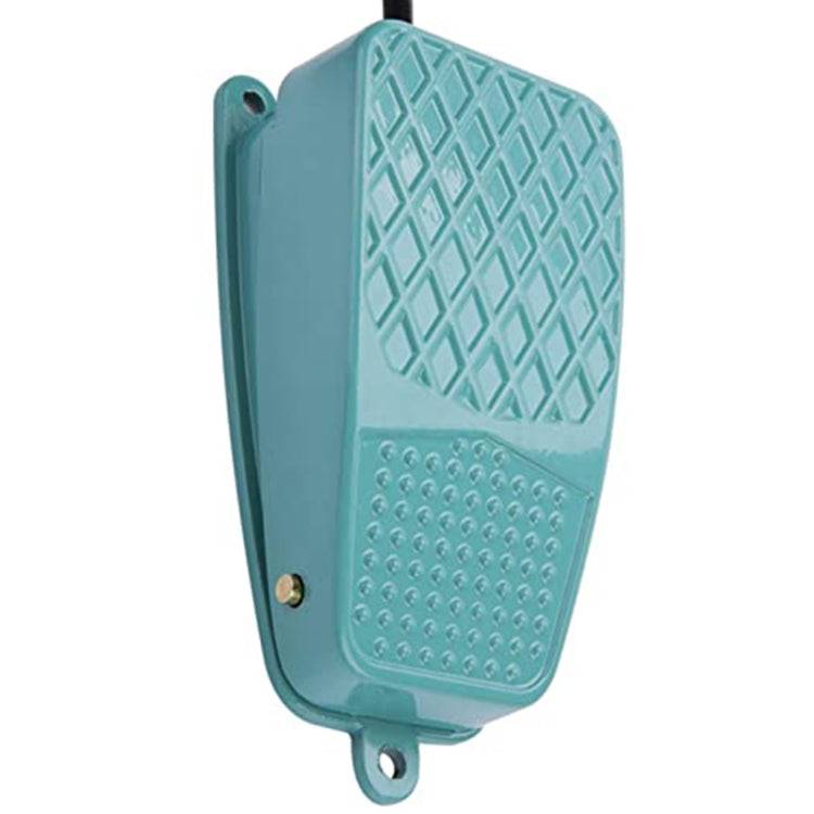Anti-slip foot pedal switch in turquoise metal case, side view with mounting bracket