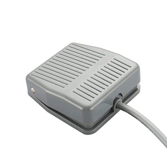 Gray plastic electric foot switch power pedal, side view with cable