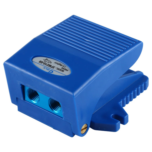 Blue plastic foot valve pedal switch with screw terminals and identification label