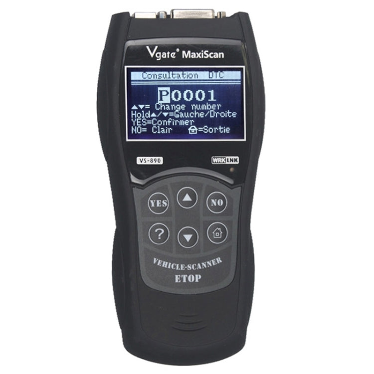 Black vehicle diagnostic code scanner tool with LCD display and keypad controls.