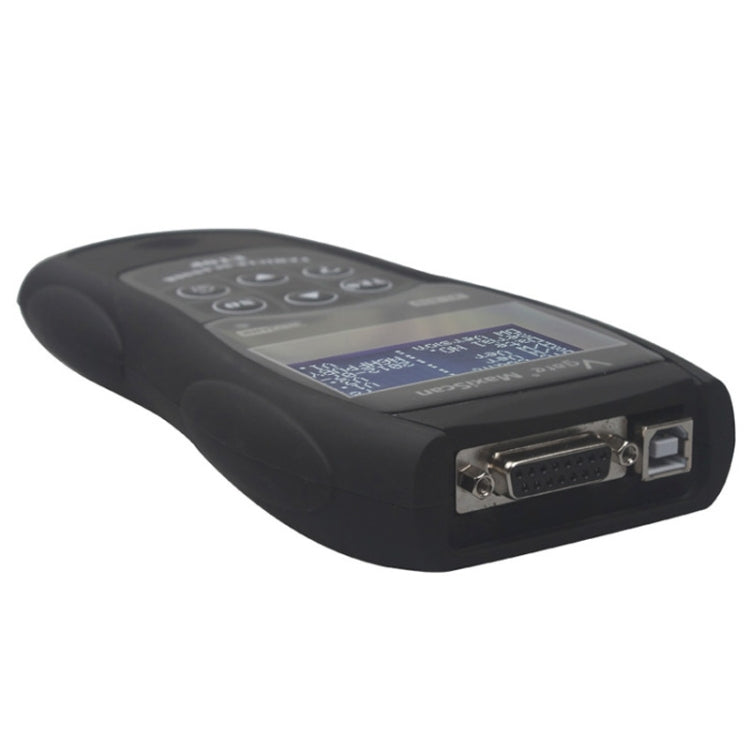 Black handheld diagnostic scanner with OBD connector port and USB interface on side.