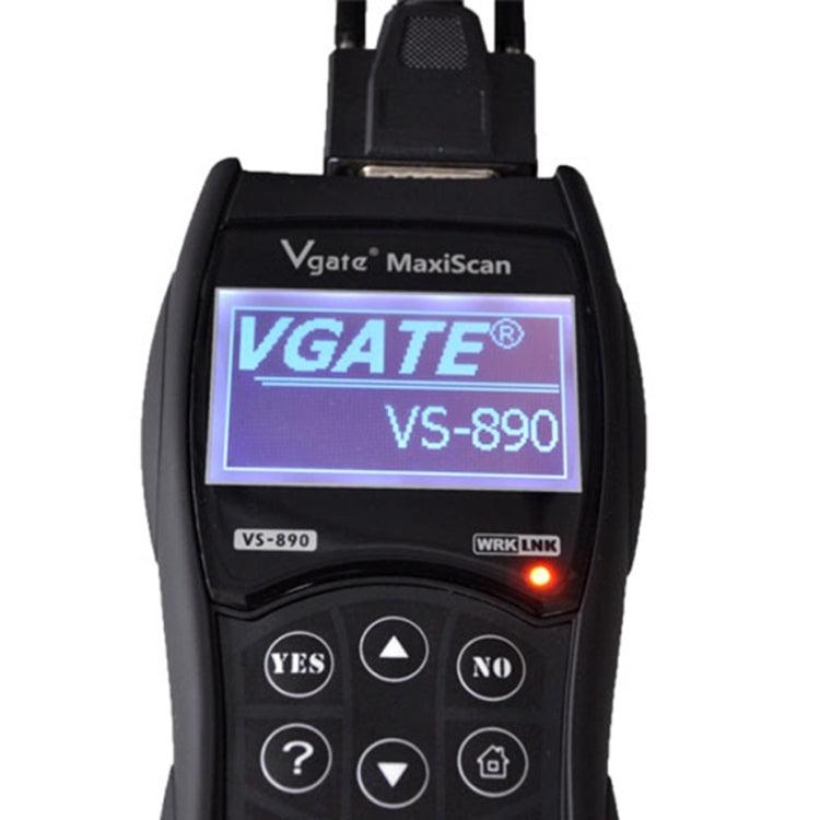 Handheld scanner tool with Vgate branding, LCD screen, and YES/NO buttons.