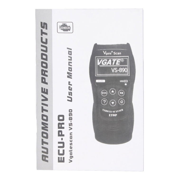 Retail package showing handheld OBD diagnostic scanner tool and VS-890 model.