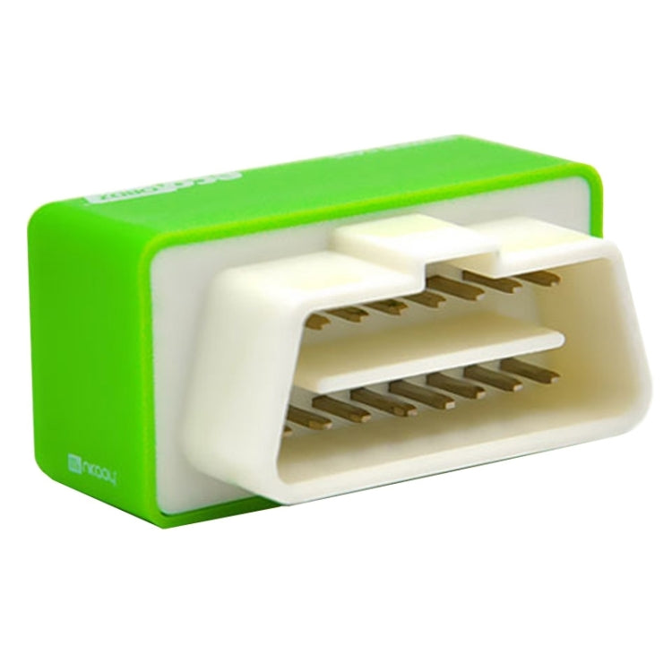 Green OBD2 tuning box with exposed connector plug and pin contacts
