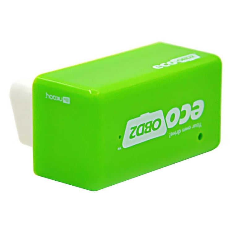 Green OBD2 tuning box angled view with side ports and logo