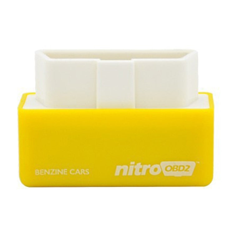 Yellow OBD2 tuning box with BENZINE CARS label and nitroOBD2 logo