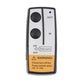 Wireless winch controller remote with OUT/IN indicators and warning label