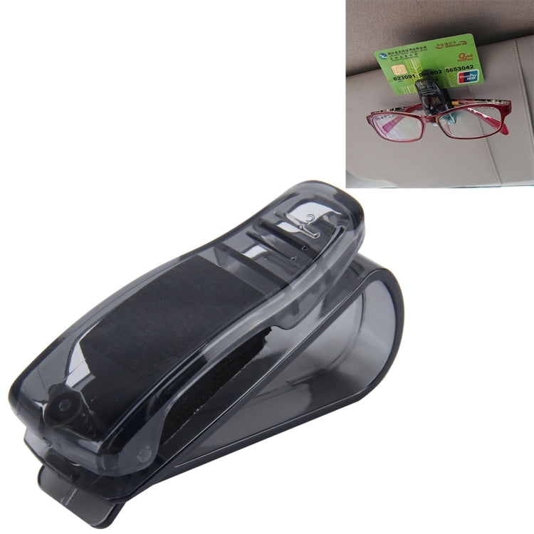 Black car sunglass clip with card holder slot and spring clasp, hinged design