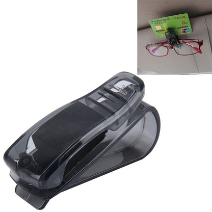 Black car sunglass clip with card holder slot and spring clasp, hinged design
