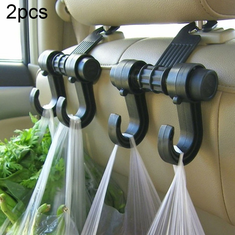 Black double hook seat headrest hanger with two curved hooks for bags