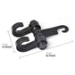 Black double hook headrest hanger with size dimensions shown for each hook